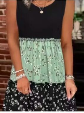 Sleeveless Colorblock Midi Dress with Floral Skirt - Black & Mint